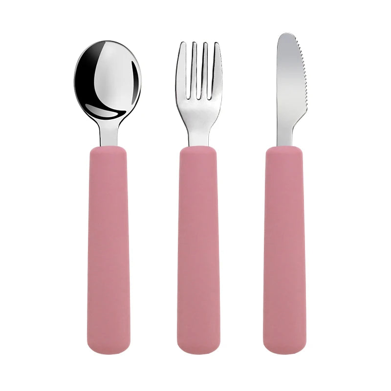 Children Tableware Stainless Steel Fork Spoon Knife Set with Silicone Handle for Toddlers Feeding Dinnerware Baby Accessories
