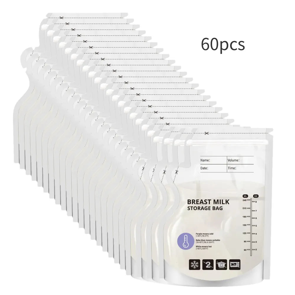 60 Pack Temperature Sensitive Breast Milk Storage Bags -Food Grade PE, Transparent with Measurement Lines, Disposable & Leakpro
