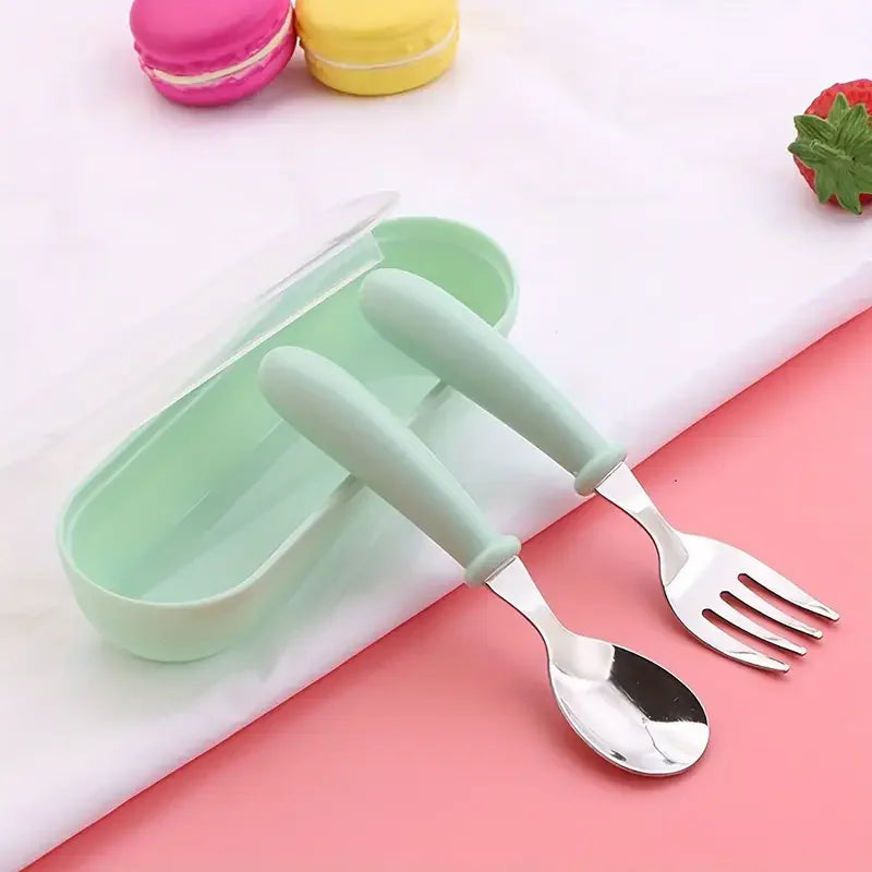 Set Of 2 Stainless Steel Baby Toddler Cutlery Spoon/fork with box