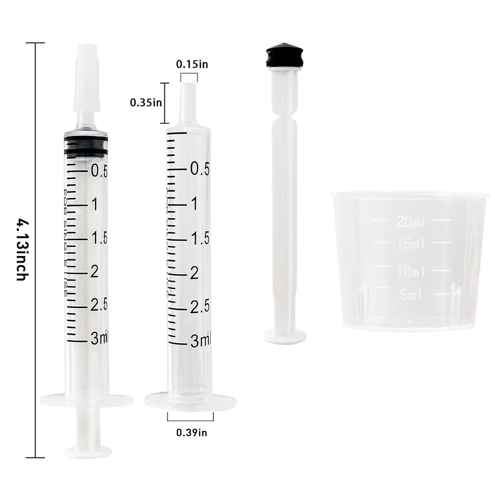 The Colostrum Collection Kit Includes a 3ml Lidded Colostrum Syringe, Stickers, a Transparent Zipper Bag, and a Measuring Cup