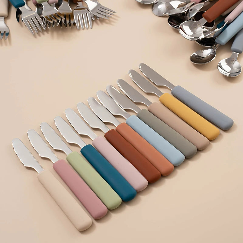 Children Tableware Stainless Steel Fork Spoon Knife Set with Silicone Handle for Toddlers Feeding Dinnerware Baby Accessories