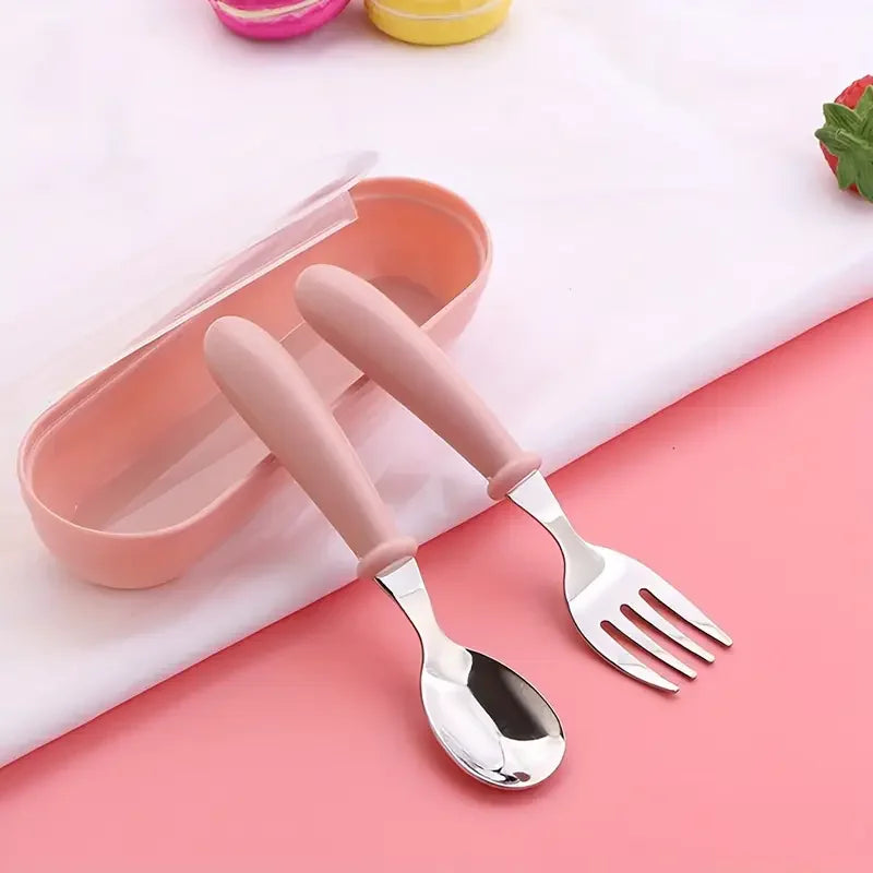 Set Of 2 Stainless Steel Baby Toddler Cutlery Spoon/fork with box