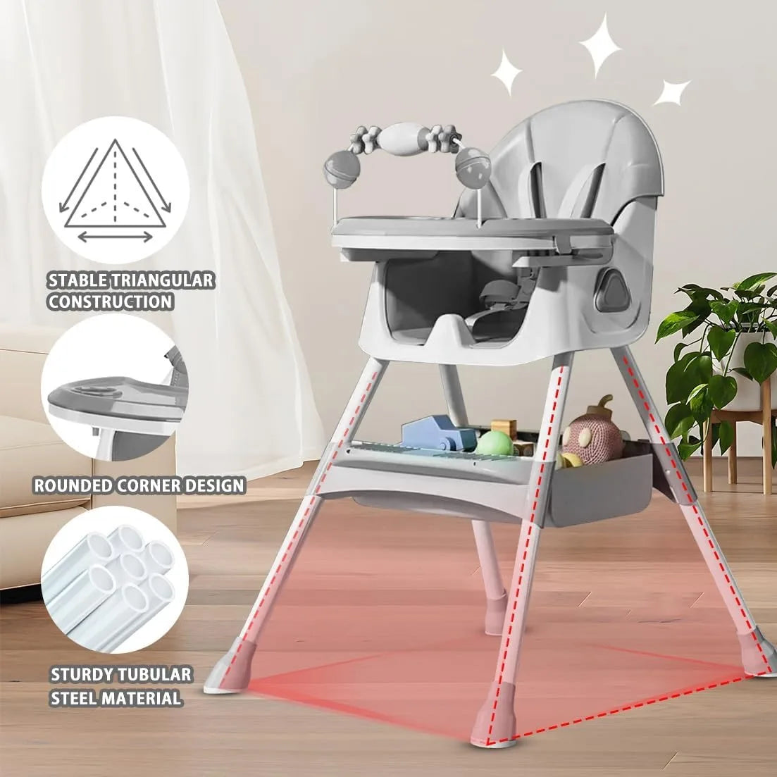 3-in-1 Baby HighChair, Foldable Portable Baby Dining Chairs Eat & Play Convertible High Chair