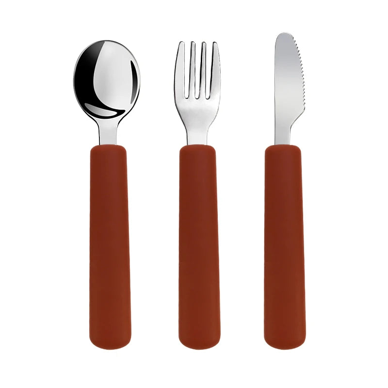 Children Tableware Stainless Steel Fork Spoon Knife Set with Silicone Handle for Toddlers Feeding Dinnerware Baby Accessories