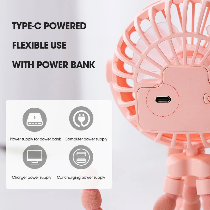 Portable Baby Pram Fan, Clip-on Mini Fan USB Battery Operated with Flexible Tripod
