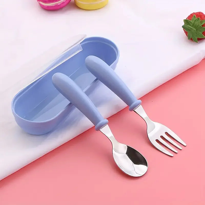 Set Of 2 Stainless Steel Baby Toddler Cutlery Spoon/fork with box