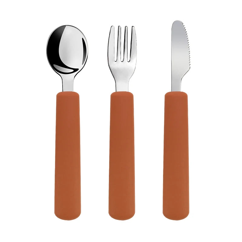 Children Tableware Stainless Steel Fork Spoon Knife Set with Silicone Handle for Toddlers Feeding Dinnerware Baby Accessories