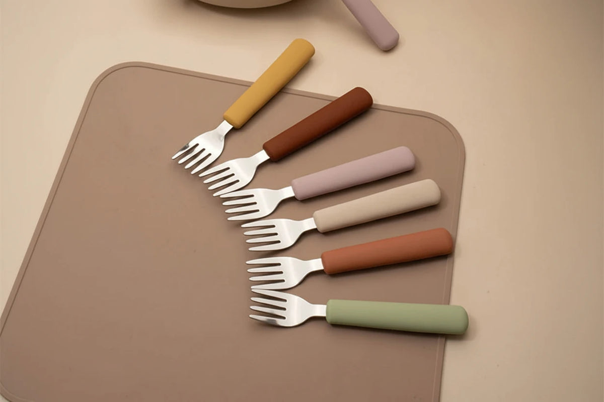 Children Tableware Stainless Steel Fork Spoon Knife Set with Silicone Handle for Toddlers Feeding Dinnerware Baby Accessories