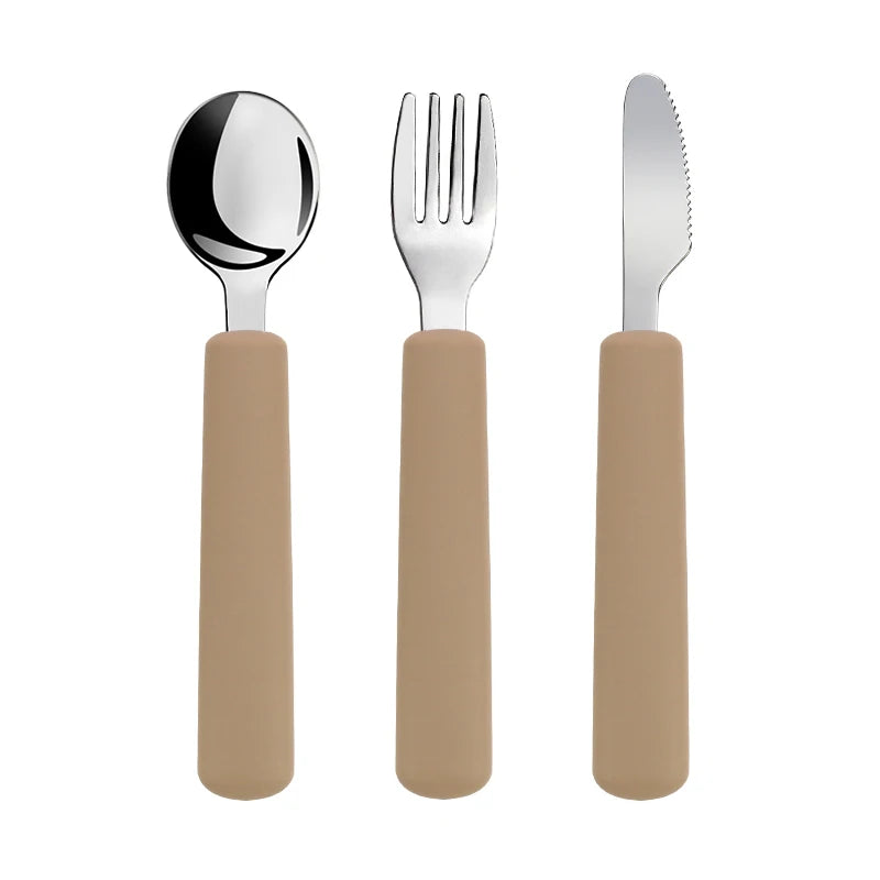 Children Tableware Stainless Steel Fork Spoon Knife Set with Silicone Handle for Toddlers Feeding Dinnerware Baby Accessories