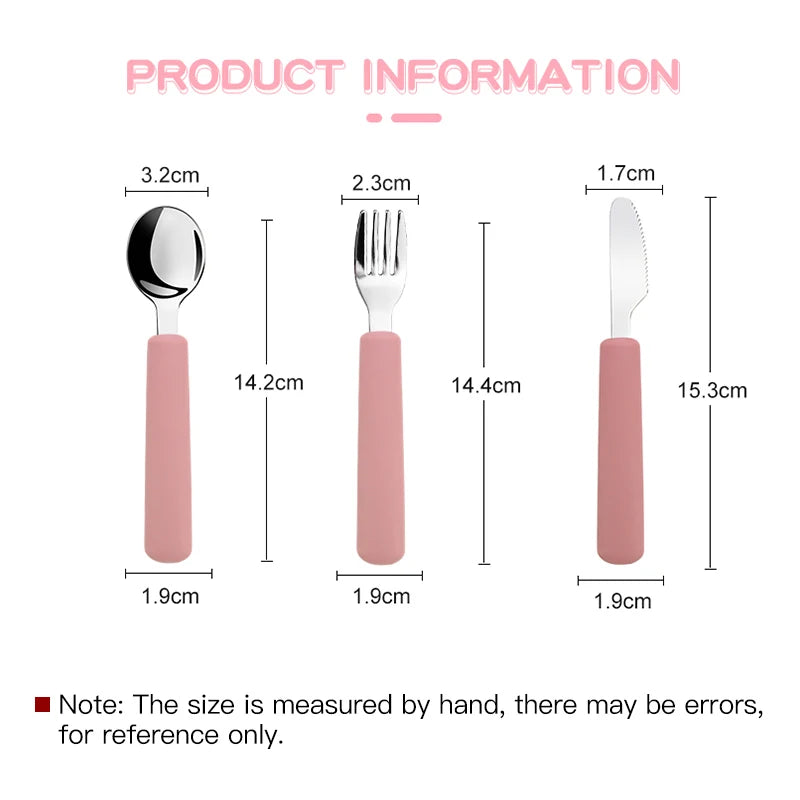 Children Tableware Stainless Steel Fork Spoon Knife Set with Silicone Handle for Toddlers Feeding Dinnerware Baby Accessories