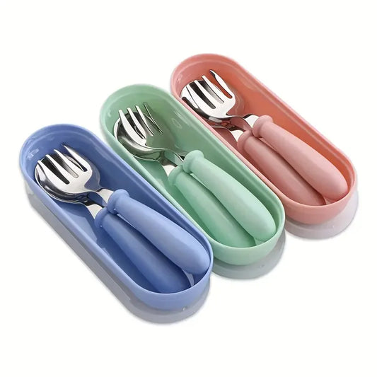 Set Of 2 Stainless Steel Baby Toddler Cutlery Spoon/fork with box