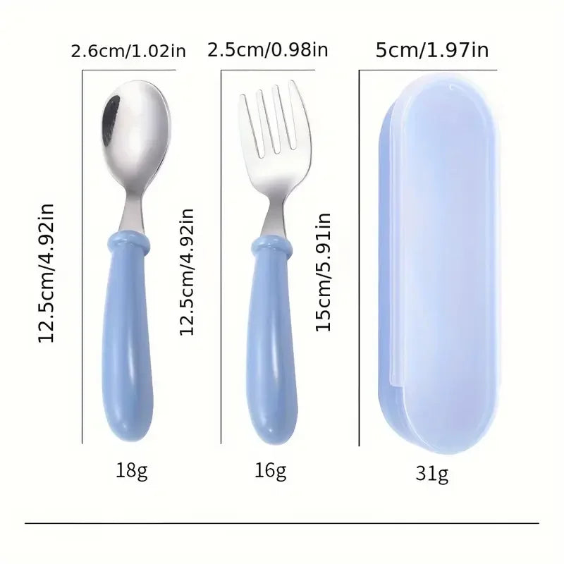 Set Of 2 Stainless Steel Baby Toddler Cutlery Spoon/fork with box