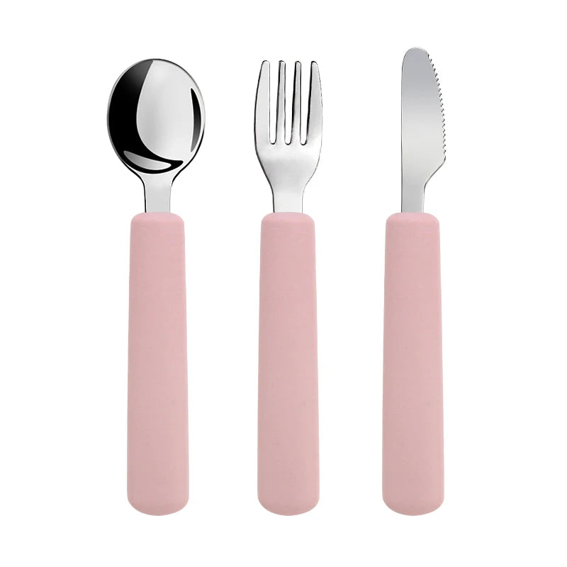 Children Tableware Stainless Steel Fork Spoon Knife Set with Silicone Handle for Toddlers Feeding Dinnerware Baby Accessories