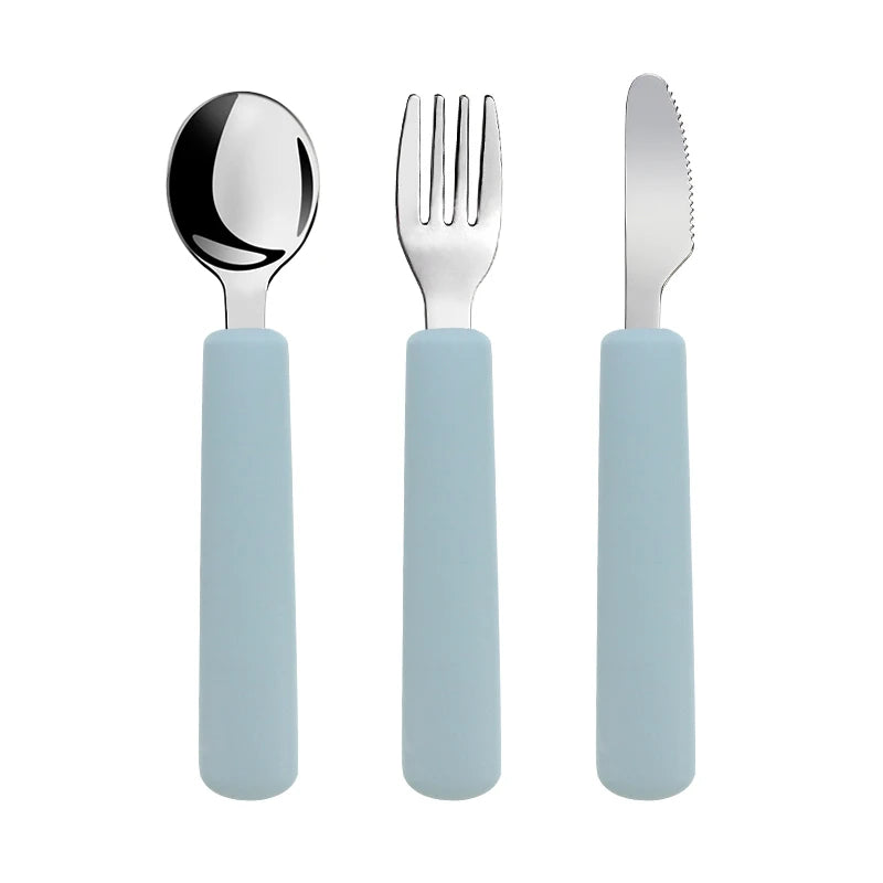 Children Tableware Stainless Steel Fork Spoon Knife Set with Silicone Handle for Toddlers Feeding Dinnerware Baby Accessories