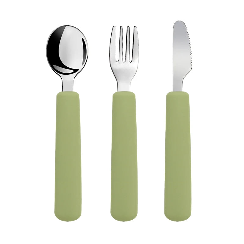 Children Tableware Stainless Steel Fork Spoon Knife Set with Silicone Handle for Toddlers Feeding Dinnerware Baby Accessories