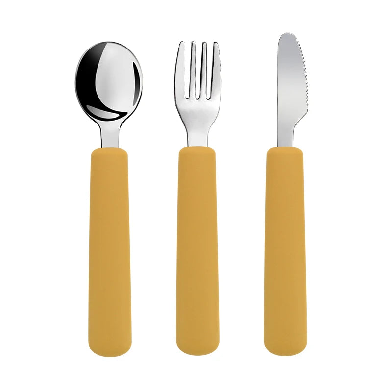 Children Tableware Stainless Steel Fork Spoon Knife Set with Silicone Handle for Toddlers Feeding Dinnerware Baby Accessories