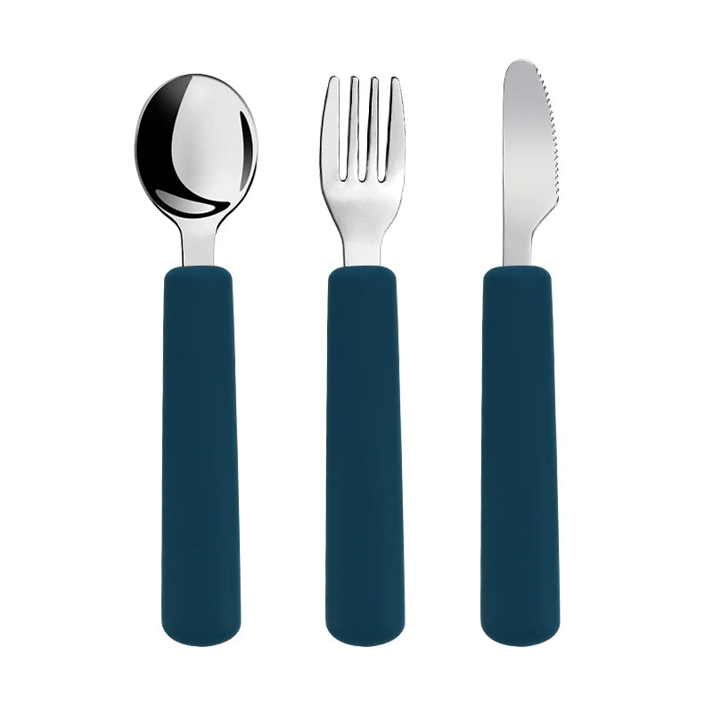Children Tableware Stainless Steel Fork Spoon Knife Set with Silicone Handle for Toddlers Feeding Dinnerware Baby Accessories