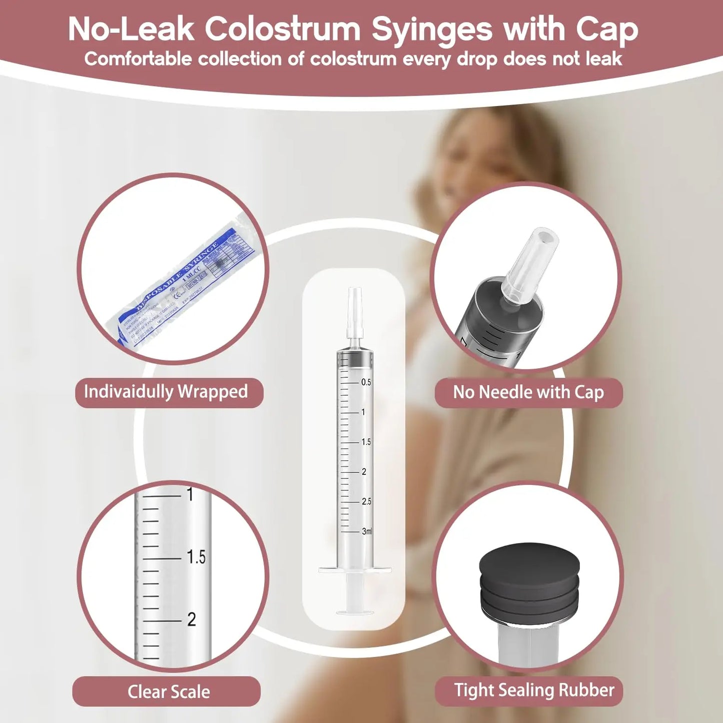 The Colostrum Collection Kit Includes a 3ml Lidded Colostrum Syringe, Stickers, a Transparent Zipper Bag, and a Measuring Cup